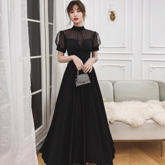 【取寄】結婚式ドレス レディース パフスリーブ 半袖 スタンドカラー 透け感 シースルー ロングドレス ロングワンピース Aライン エレガント 演奏会 二次会 披露宴 謝恩会 パーティー イブニングドレス