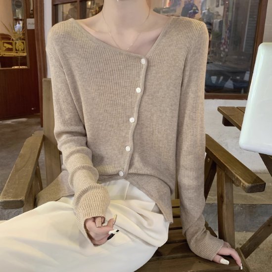 【取寄】ニットセーター レディース トップス ニットカーディガン ニット セーター アシンメトリー フロントボタン 長袖 シンプル 無地 リブニット カジュアル お出かけ おしゃれ ファッション 女性 秋