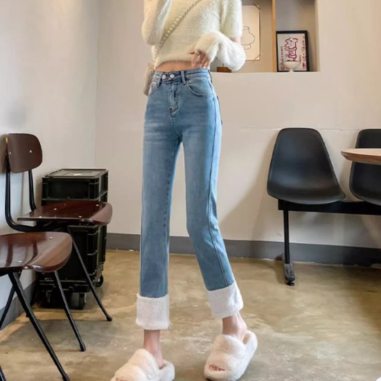 【取寄】デニムパンツ レディース パンツ ボトムス ジーパン 9分丈 ボア付き ふわふわ ストレートパンツ ハイウエスト Gパン カジュアル お出かけ おしゃれ ポケット ジーンズ 長ズボン ファッション