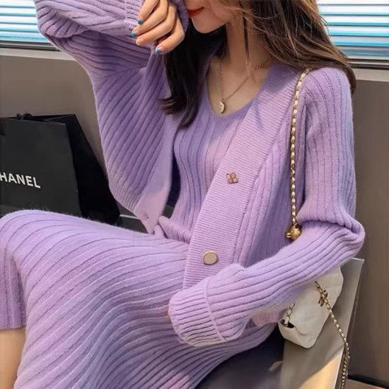 【取寄】セットアップ レディース ニット ワンピースセット ニットワンピース ノースリーブ Vネック ロング カーディガン リブニット 2点セット ツーピース スリム きれいめ カジュアル デート おしゃれ