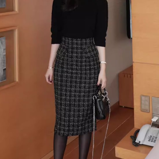Rakuten - 【取寄】タイトスカート レディース スカート ボトムス 膝丈スカート チェック柄 格子柄 ツイードスカート ハイウエスト カジュアル お出かけ おしゃれ きれいめ エレガント フォーマル お呼ばれ オフィス