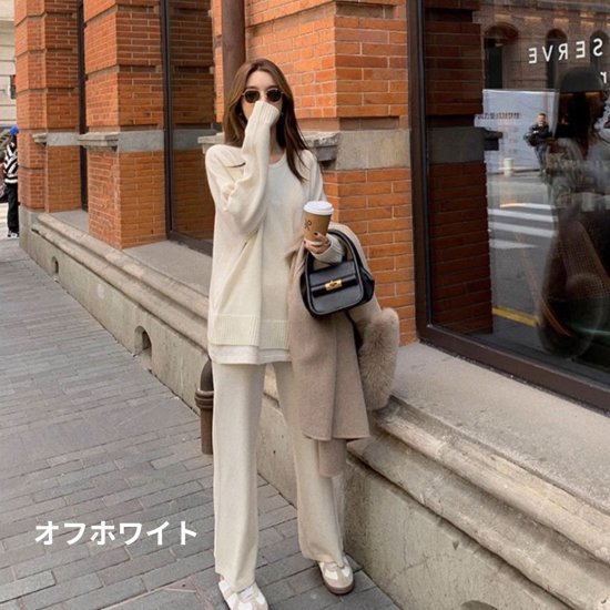 【取寄】セットアップ レディース ニット 上下セット ニットセーター 長袖 ラウンドネック プルオーバー ニットパンツ ワイドパンツ シンプル ゆったり 5color 2点セット カジュアル おしゃれ