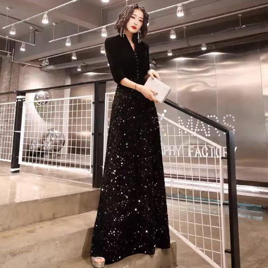 Other - 【取寄】演奏会ドレス レディース パーティードレス 結婚式ドレス ワンピースドレス ロングドレス Vネック スパンコール きらきら きれいめ エレガント ハイウエスト Aラインスカート お呼ばれ 二次会