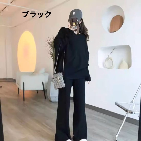 【取寄】セットアップ レディース ニット 上下セット Vネックニット セーター アシンメトリー ロング オーバーサイズ ニットパンツ ワイドパンツ ゆったり リラックス 2点セット カジュアル おしゃれ