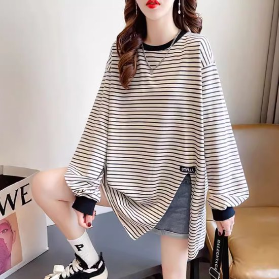 【取寄】カットソー レディース トップス スウェット トレーナー ゆったり ルーズ スリット ラウンドネック ボーダー コントラストカラー バイカラー ボリューム袖 カジュアル お出かけ プルオーバー 女性