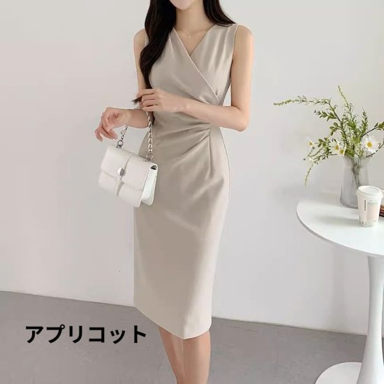 【取寄】ワンピース レディース ノースリーブワンピース Vネック ドレープ カシュクール タイトワンピース ひざ丈 ミディアム丈 ミモレ丈 きれいめ エレガント ドレス パーティー フォーマル おしゃれ