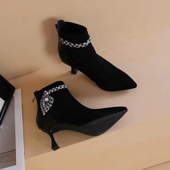 【取寄】ショートブーツ レディース アンクルブーツ スエード ポインテッドトゥ フェイクレザー 7cmヒ..