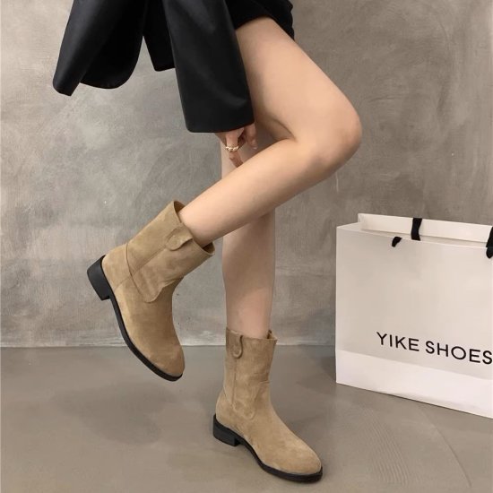 【取寄】ショートブーツ レディース ウェスタンブーツ ラウンドトゥ スエード フェイクレザー 太ヒール ローヒール 3cmヒール 2color ハーフブーツ カジュアル ショート丈 美脚 脚長 おしゃれ