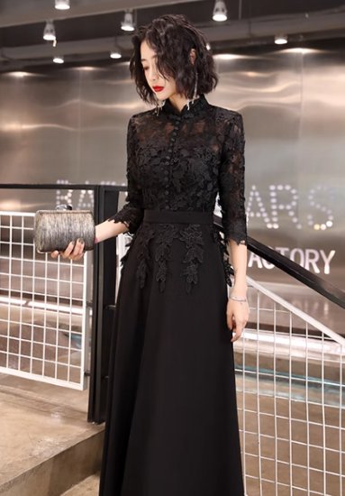 【取寄】演奏会ドレス レディース 結婚式ドレス パーティードレス ワンピースドレス ロングドレス 五分袖 刺繍 レース フラワーモチーフ 花柄 ハイウエスト きれいめ エレガント シック ブラック お呼ばれ