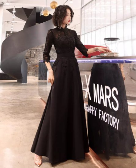 【取寄】演奏会ドレス レディース 結婚式ドレス パーティードレス ワンピースドレス ロングドレス 五分袖 刺繍 レース フラワーモチーフ 花柄 ハイウエスト きれいめ エレガント シック ブラック お呼ばれ