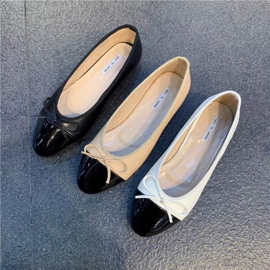 【取寄】フラットシューズ レディース バイカラー バレエシューズ リボン ラウンドトゥ ローヒール 1cmヒール レトロ クラシカル かわ..