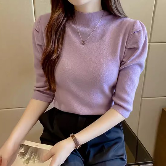 Turtleneck - 【取寄】ニットセーター レディース トップス ハーフハイネック シンプル 無地 五分袖 パフスリーブ 可愛い キュート カジュアル お出かけ おしゃれ きれいめ エレガント オフィス ファッション 女性