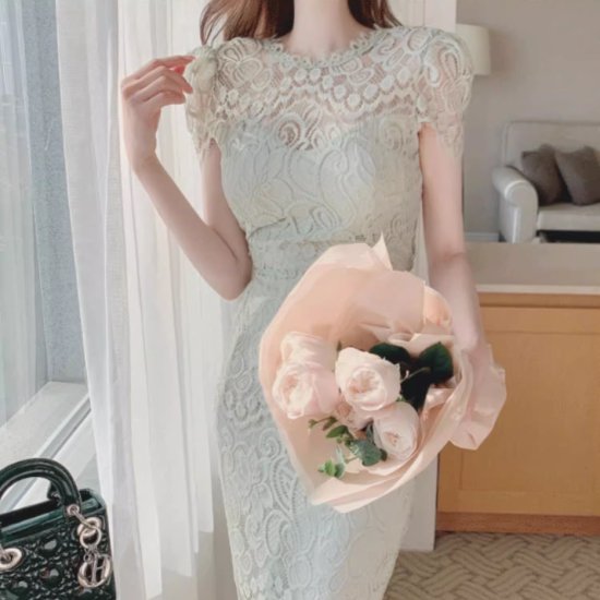 【取寄】パーティードレス レディース レースワンピース 半袖 ラウンドネック タイト スリム バックリボン 背中あき ミモレ丈 ロング丈 スリット エレガント 結婚式 披露宴 謝恩会 二次会 おしゃれ(4)