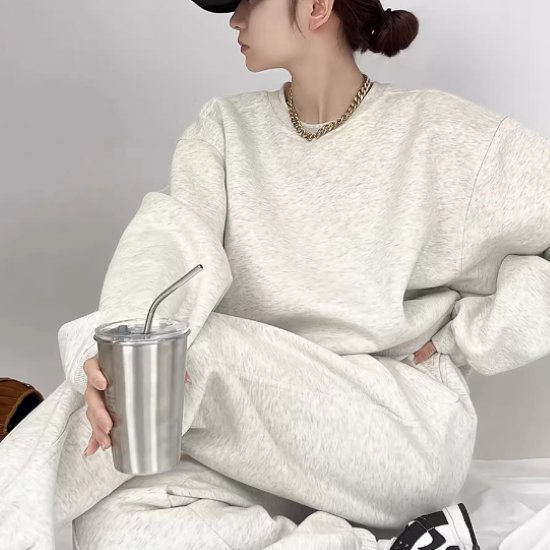 【取寄】セットアップ レディース 2点セット 上下セット ツーピース スウェット トップス トレーナー プルオーバー ボトムス 長ズボン シンプル スポーティー カジュアル リラックス ゆったり コットン