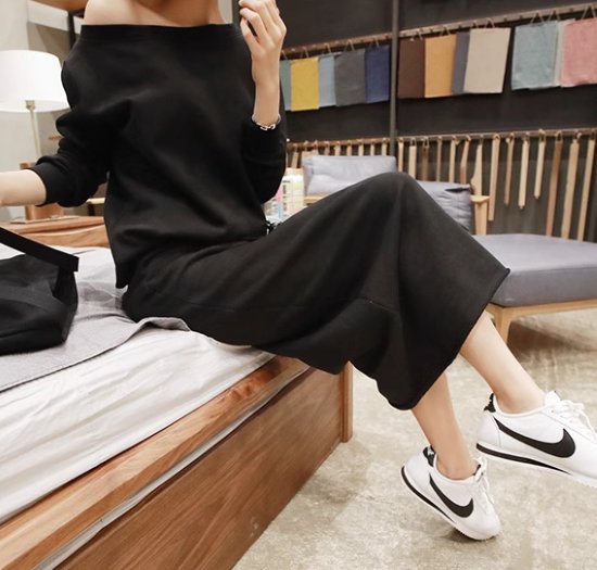 【取寄】セットアップ レディース 2点セット 上下セット ツーピース スウェット トップス トレーナー 長袖 オフショルダー プルオーバー ボトムス ミドル丈スカート コットン シンプル カジュアル お出かけ