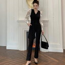 【取寄】パンツドレス レディース オールインワン Vネック 長袖 スリム パフスリーブ ボリューム袖 クロップドパンツ ジャンプスーツ パーティードレス エレガント シック 結婚式 披露宴 謝恩会 おしゃれ