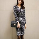 【取寄】ワンピース レディース ミドル丈ワンピース 長袖ワンピース 千鳥格子柄 Vネック ペンシルスカート スリムフィット タイト きれいめ エレガント カジュアル お出かけ おしゃれ お呼ばれ フォーマル