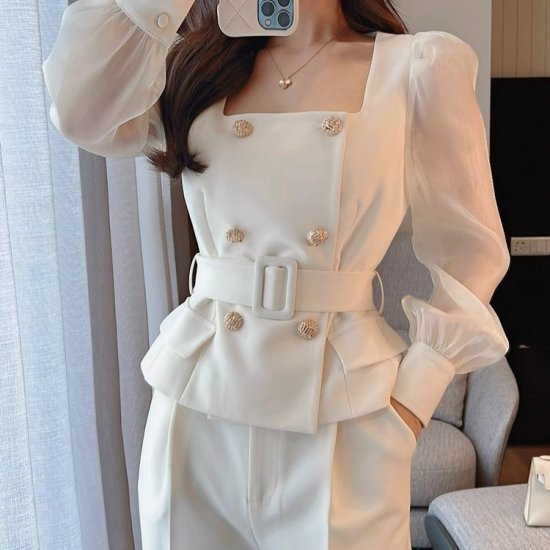 【取寄】セットアップ レディース パンツスーツ パンツドレス 上下セット ブラウス ジャケット シアースリーブ シースルー ボリューム袖 ワイドパンツ ロング エレガント 白 結婚式 謝恩会 おしゃれ