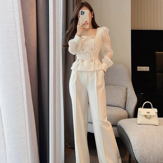 【取寄】セットアップ レディース パンツスーツ パンツドレス 上下セット ブラウス ジャケット シアースリーブ シースルー ボリューム袖 ワイドパンツ ロング エレガント 白 結婚式 謝恩会 おしゃれ