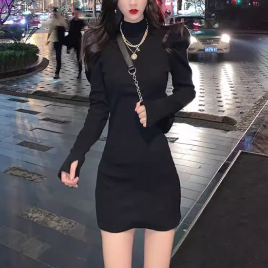 【取寄】ミニワンピース レディース ワンピース 長袖ワンピース スリムフィット タイトワンピース パフスリーブ ハイネック シンプル 無地 カジュアル お出かけ オシャレ ファッション 女性 ミニワンピ