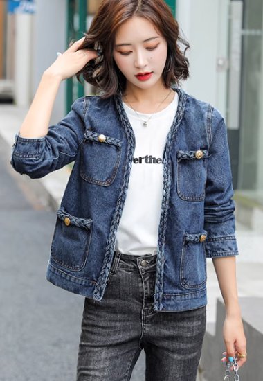 【取寄】デニムジャケット レディース アウター 羽織 ショート丈ジャケット ノーカラー 長袖 Gジャン 編み込み ゴールドボタン 金ボタン ポケット カジュアル お出かけ おしゃれ きれいめ スタイリッシュ