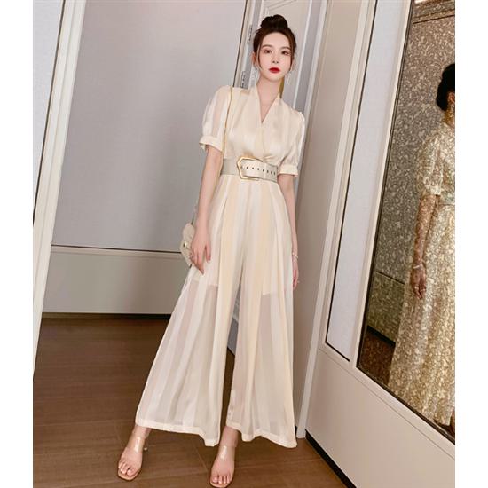 【取寄】パンツドレス オールインワン レディース ストライプ ベルト 袖あり 半袖 ロング ワイドパンツ ハイウエスト おしゃれ きれいめ 大きいサイズ 体型カバー 母親 フォーマル 結婚式 二次会 お呼ばれ パーティー シースルー 夏 裏地付き ブラック ホワイト 黒 白 S〜XL