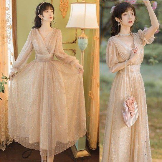 【取寄】ドレス レディース ワンピース 結婚式 大人 ピアノ発表会 パーティードレス ロングドレス スパンコール ランタンスリーブ 長袖 ニュアンスカラー シフォン シアー メッシュ Vネック 演奏会 パーティー お呼ばれ 二次会 食事会 おしゃれ きれいめ フェミニン ピンク