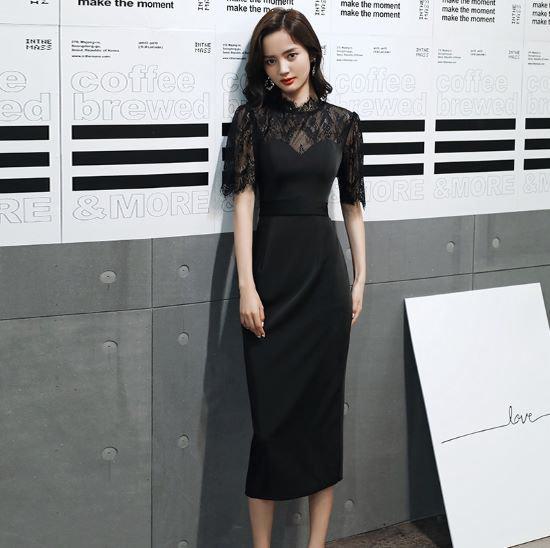 【取寄】タイトワンピース 夏 ファスナー ワンピース レディース タイト ドレス ミモレ丈 大きいサイズ 2XL 無地 シンプル レース 透け感 フォーマル シック 上品 エレガント 黒 ブラック お呼ばれ ベーシック 大人ワンピース きれいめ 高見え 結婚式 半袖 袖付き 背中見せ