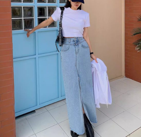 【取寄】デニムスカート レディース ボトムス スカート ロングスカート スリット ハイウエスト カジュアル お出かけ おしゃれ スリムフィット シンプル 無地 コットン ロング丈 ファッション 女性 ブルー