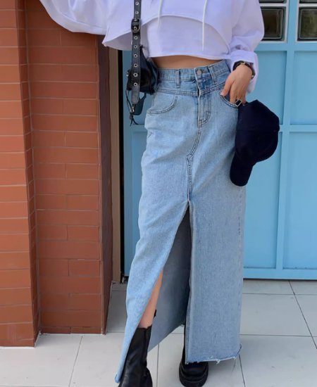 【取寄】デニムスカート レディース ボトムス スカート ロングスカート スリット ハイウエスト カジュアル お出かけ おしゃれ スリムフィット シンプル 無地 コットン ロング丈 ファッション 女性 ブルー