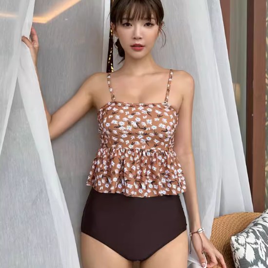 【取寄】ビキニ レディース 水着 セパレート スイムウェア ビーチウェア 海 夏 海水浴 リゾート プール 花柄 フラワー 体型カバー ペプラム フリル 可愛い キュート ハイウエスト カジュアル ツーピース