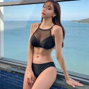 【取寄】ビキニ レディース 水着 セパレート ツーピース 上下セット 2点セット セクシー メッシュ シースルー 黒 ブラック 無地 スイムウェア ビーチウェア 夏 海 プール リゾート 海水浴 ビーチ 女性