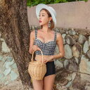 【取寄】ビキニ レディース 水着 セパレート 上下セット ツーピース ビーチウェア スイムウェア チェック柄 格子柄 カジュアル 可愛い ハイウエスト 海 プール ビーチ リゾート 海水浴 女性 体型カバー