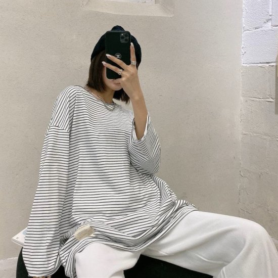 Rakuten - 【取寄】ボーダーTシャツ レディース ロングTシャツ カットソー 長袖 プルオーバー ラウンドネック ラグランスリーブ ルーズ オーバーサイズ レトロ 3color ボーダー ロング丈 カジュアル おしゃれ