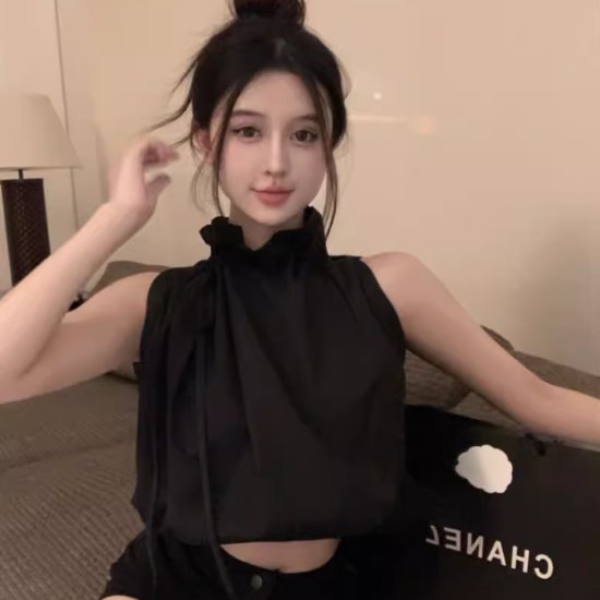 【取寄】シフォンブラウス レディース トップス ブラウス シャツ ハイネック ノースリーブ ショート丈 クロップド丈 フリルネック ゆったり ルーズ カジュアル きれいめ お出掛け おしゃれ エレガント