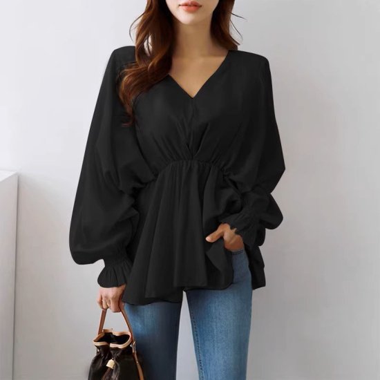 Long-Sleeved - 【取寄】Vネックブラウス レディース 長袖ブラウス ランタンスリーブ ペプラム シャーリング ロング シャツ パフスリーブ チュニック フリル レトロ 3color かわいいガーリー きれいめ おしゃれ
