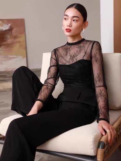 【取寄】パンツドレス レディース 演奏会ドレス 結婚式ドレス ジャンプスーツ オールインワン 長袖 ワイドパンツ シースルー メッシュ ラウンドネック きれいめ エレガント スタイリッシュ パーティー 女性