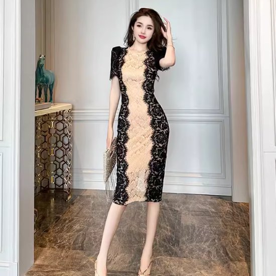 【取寄】パーティードレス レディース 演奏会ドレス 結婚式ドレス ワンピースドレス 半袖ワンピース スリムフィット 総レース バイカラー ミディドレス ラウンドネック きれいめ エレガント お呼ばれ 女性(4)