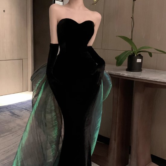 【取寄】演奏会ドレス レディース パーティードレス 結婚式ドレス ロングドレス ワンピースドレス チューブトップ ベルベット ハイウエスト スリムフィット 個性的 きれいめ エレガント お呼ばれ オーガンジー