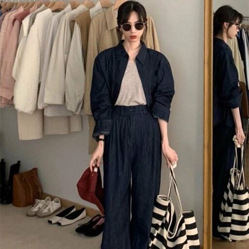 【取寄】セットアップ レディース デニム 長袖 デニムシャツ シャツカラー ポロ襟 ワイドパンツ デニムパンツ 上下セット レトロ クラシカル マニッシュ オーバーサイズ カジュアル セット おしゃれ 【取寄】セットアップ レディース デニム 長袖 デニムシャツ シャツカラー ポロ襟 ワイドパンツ デニムパンツ 上下セット レトロ クラシカル マニッシュ オーバーサイズ カジュアル セット おしゃれ