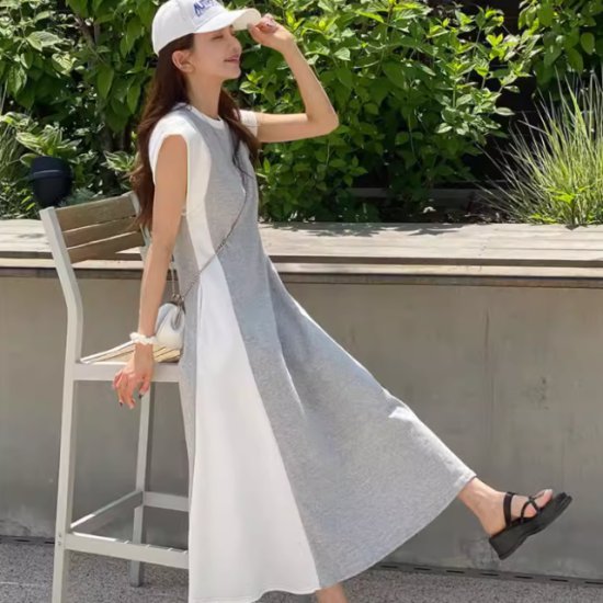 【取寄】ロングワンピース レディース ワンピース ノースリーブワンピース Aラインスカート フレアスカート ラウンドネック 配色デザイン カラーブロック 切り替え シンプル 無地 カジュアル お出かけ 春夏