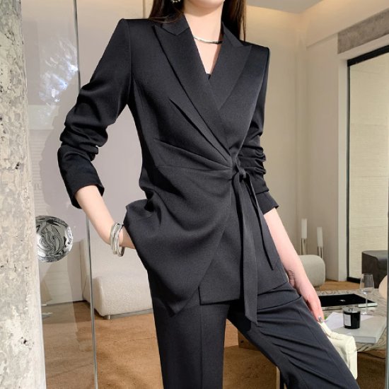 【取寄】パンツスーツ レディース 上下セット ツーピース セットアップ 2点セット ジャケット カシュクール 長袖 スーツ襟 ロングパンツ シンプル 無地 きれいめ スタイリッシュ エレガント フォーマル