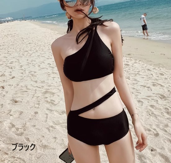 【取寄】ビキニ レディース 水着 上下セット ツーピース ワンショルダー 個性的 セクシー 白 黒 ホワイト ブラック シンプル 無地 カジュアル 海 ビーチ 夏 海水浴 プール スイムウェア ビーチウェア
