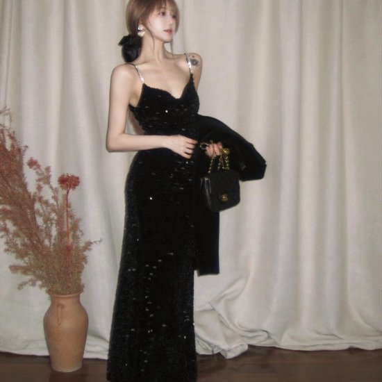 【取寄】パーティードレス スパンコール キャミソール キャミワンピ ドレス レディース キラキラ イブニングドレス ロングドレス 発表会 Aライン ブラック 二次会 セクシー パーティー エレガント