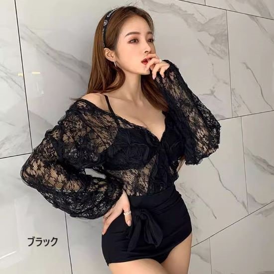 【取寄】モノキニ ビキニ 水着 レース レディース 大きいサイズ セクシー 体型カバー スイムウェア リゾート 羽織 水着 セット 長袖 シースルー バカンス エレガント 韓国風 クロッシェレース