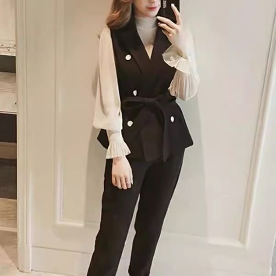 【取寄】パンツセットアップ レディース 上下セット ロングパンツ ベスト ジレ スーツベスト パンツスーツ セットアップ パンツドレス ロングジレ オフィスカジュアル オフィスコーデ パフスリーブ ブラウス