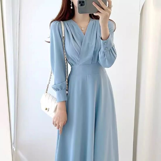 Rakuten - 【取寄】ワンピース レディース カシュクールワンピース 大きいサイズ パフスリーブワンピース カシュクール フレア ミディアム ドレス ハイウエスト 長袖 Vネック エレガント お呼ばれ オフィスコーデ