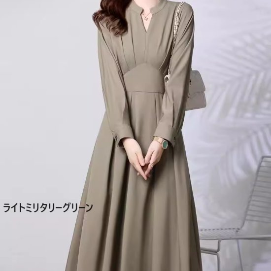 【取寄】ロングワンピース レディース 大きいサイズ Vネック オフィスコーデ コンサバ きれいめ ロングスカート 長袖ワンピース ロングワンピ お呼ばれコーデ オフィス 通勤コーデ シンプル