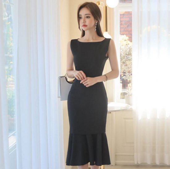 【取寄】オルチャン プチプラパーティードレス セクシー キャバ嬢 発表会 フォーマル 大きいサイズ 可愛い ラウンドネック ノースリーブ ミディアム丈スカート