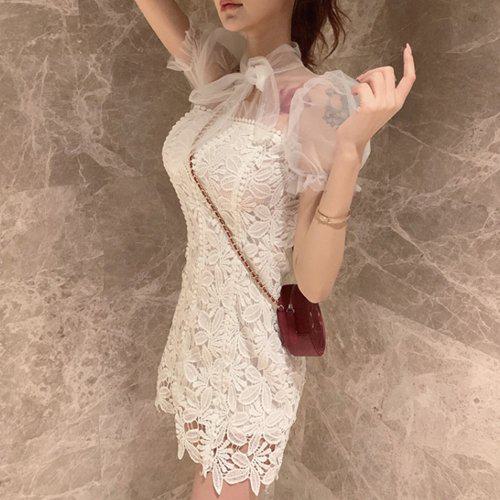 【取寄】ミニワンピース 半袖 パーティドレス ドレス キャバドレス ワンピース タイトワンピース タイト 結婚式 二次会 お呼ばれ パフスリーブ シフォン シースルー 異素材 透け感 背中見せ バックシャン セクシー 刺繍 ホワイト レース 総レース 総レースドレス キャバクラ